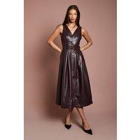 Coast Women's V Neck Sleeveless PU Dress With Belt in Brown | Size: 12