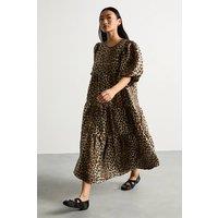 Warehouse Women's Petite Animal Organza Puff Sleeve Midi Smock Dress | Size: 12