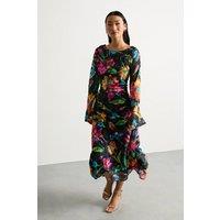 Warehouse Women's Petite Burnout Floral Chiffon Slash Neck Bias Midi Dress in Black | Size: 10