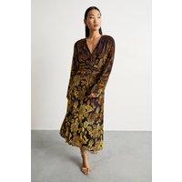 Warehouse Women's Petite Devore Plunge Neck Knot Waist Balloon Sleeve Midi Dress in Navy | Size: 8