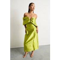 Warehouse Women's Petite Satin Twill Notch Front Bardot Midi Dress in Chartreuse | Size: 10