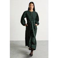 Warehouse Women's Petite Cord Zip Through Belted Jumpsuit in Dark Green | Size: 8