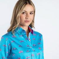 CLAUDIO LUGLI Women's Kissing Flamingo Printed Shirt in Blue | Size: 14