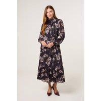 Blue Vanilla Women's Black High Neck Floral Puffball Pleated Midi Dress | Size: 6-8