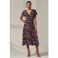 Jolie Moi Women's Mock Wrap Jesery Midi Dress in Black | Size: 16