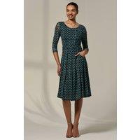 Jolie Moi Women's 3/4 Sleeve Printed Mesh Dress in Green | Size: 14