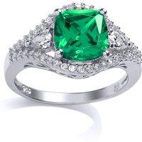 Jewelco London Women's Silver Green Cushion CZ Halo Engagement Ring | Size: R