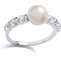 Jewelco London Women's Silver CZ Pearl Full Moon Shoulder Set Dress Ring 8mm | Size: Large