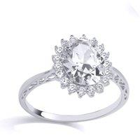 Jewelco London Women's 925 Silver Oval CZ Filigree Edged Halo Solitaire Cocktail Ring | Size: Medium