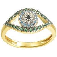 Jewelco London Women's Gold-plated Silver Green Blue Black CZ Anti Envy Evil Eye Ring in Gold | Size: N
