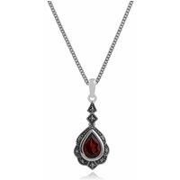 Gemondo Women's Art Nouveau Style Pear Garnet & Marcasite Leaf Pendant in 925 Sterling Silver | Size: 18 inches