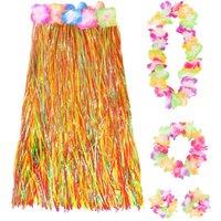 I Love Fancy Dress Women's 80cm Hawaiian Long Multicoloured Hula Skirt & Lei | Size: 12 Pack