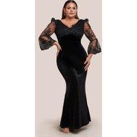 Goddiva Women's Scalloped Lace & Velvet Maxi Dress in Black | Size: 26