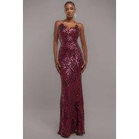 Goddiva Women's Cross Back Diamante Strap Sequin Maxi in Burgundy | Size: 16