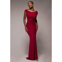 Goddiva Women's Open Back Cowl Neck Gathered Maxi Dress With Velvet Tie Back in Wine | Size: 8