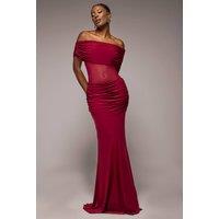 Goddiva Women's Gathered Off-The Shoulder Mesh Waist Panel Maxi Dress in Wine | Size: 6