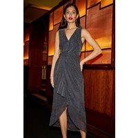 Yumi Women's Black Metallic Pleated Frill Wrap Midi Dress | Size: 10