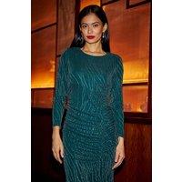 Yumi Women's Green Mesh Fitted Ruched Midi Dress With Long Sleeves | Size: 14