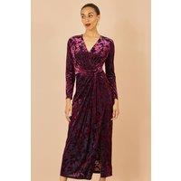 Yumi Women's Burgundy Velour Stretch Midi Dress With Long Sleeves | Size: 10