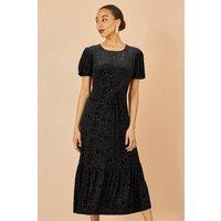 Yumi Women's Black Floral Velour Velvet Twist Waist Midi Dress | Size: 8