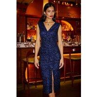 Yumi Women's Navy Sequin Fitted Wrap Dress With Split Hem | Size: 16