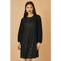 Yumi Women's Black Velvet Sequin Tunic Dress With Long Pleated Sleeves | Size: 14