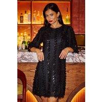 Yumi Women's Black Hanging Sequin Tunic With Balloon Sleeves | Size: 16