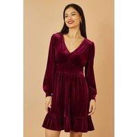 Yumi Women's Burgundy Velvet Long Sleeve Skater Dress | Size: 16