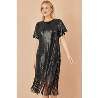 Yumi Women's Black Sequin Tassels Hem Midi Tunic Dress | Size: 16