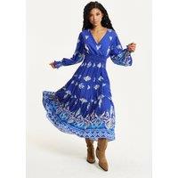 Liquorish Women's Boho Print Shirred Wrap Front Maxi Dress in Blue | Size: 8