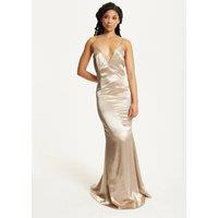 Liquorish Women's Gold Satin Plunge Maxi Dress | Size: 8