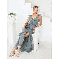 Maya Deluxe Women's Embellished Strappy Ruffle Maxi Dress in Teal | Size: 12
