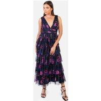 Anaya with Love Women's Floral Plunge V Neck Tiered Tulle Maxi Dress | Size: 10