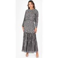 Maya Deluxe Women's Fully Embellished Long Sleeve Maxi Dress in Grey | Size: 18