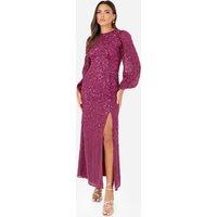 Maya Deluxe Women's Embellished Blouson Sleeve Maxi Dress in Fuchsia | Size: 16