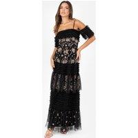Maya Deluxe Women's Embellished Ruffle Bardot Maxi Dress in Black | Size: 10