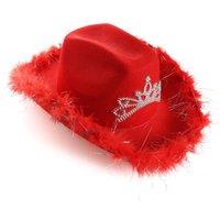 I Love Fancy Dress Women's Tiara Cowgirl Hat with Marabou Trim - Red | Size: 24 Pack