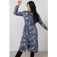 Lily & Me Women's Anya Printed Midi Shirt Dress with Full length cuffed sleeves in Navy | Size: 18