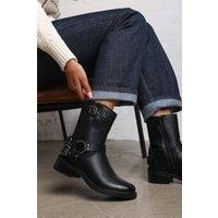 Where's That From Women's 'Xoe' Mid Calf Biker Boots with Double Buckle Strap Detail in Black | Size: 3