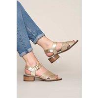Moshulu Women's 'Sapporo' Heeled Leather Sandals in Metallic Gold | Size: 6.5