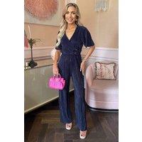 AX Paris Women's Navy Wrap Top Short Sleeve Plisse Jumpsuit | Size: 8