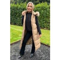 AX Paris Women's Biscuit Faux Fur Hooded Longline Padded Gilet in Brown | Size: 8