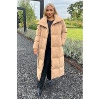 AX Paris Women's Biscuit Tie Waist Quilted Longline Puffer Coat in Brown | Size: 14