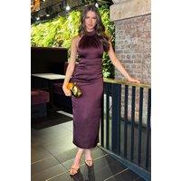 AX Paris Women's Dark Plum Halter Neck Draped Waist Midi Dress | Size: 16