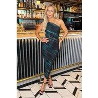 AX Paris Women's Teal & Black Smudge Print Mesh One Shoulder Asymmetric Hem Midi Dress | Size: 8