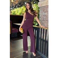AX Paris Women's Dark Plum One Shoulder Draped Waist Jumpsuit | Size: 14