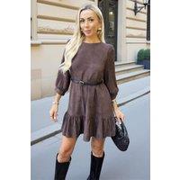 AX Paris Women's Chocolate Faux Suede 3/4 Sleeve Frill Hem Belted Mini Dress | Size: 16