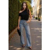 AX Paris Women's Grey Wash Asymmetric Waist Wide Leg Jeans | Size: 8