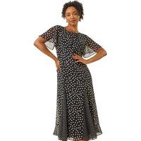 Roman Women's Petite Spot Print Godet Hem Midi Dress in Black | Size: 14