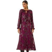 Roman Women's Floral Brocade Frill Midi Dress in Wine | Size: 12
